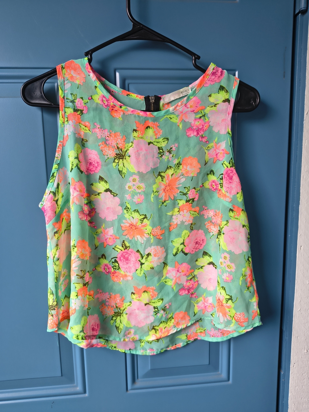 a'gaci Mint Floral Sleeveless Top with Pink & Neon Accents